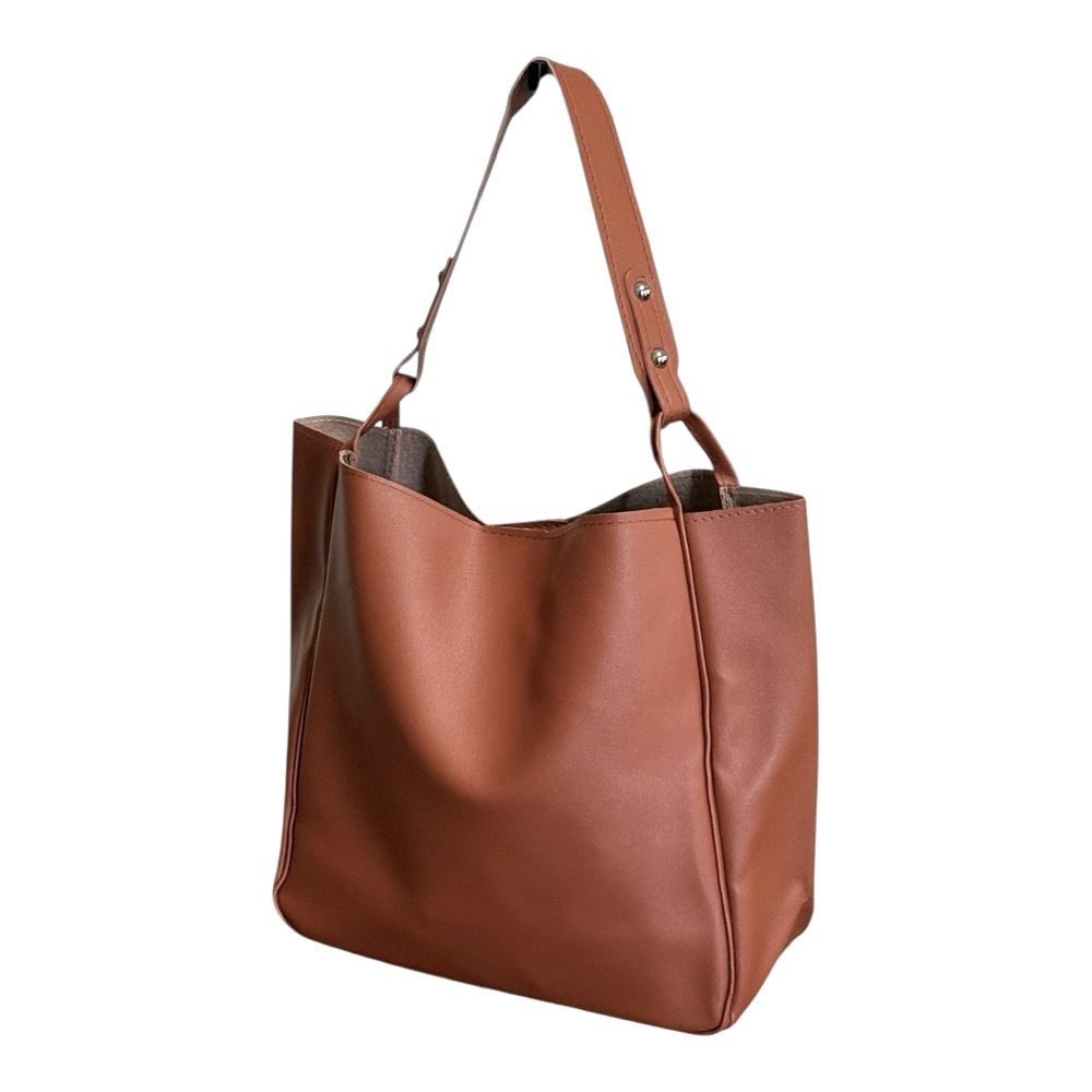 Simple Vegan Leather Travel Tote Bag! Camel Brown - Picture 3 of 7